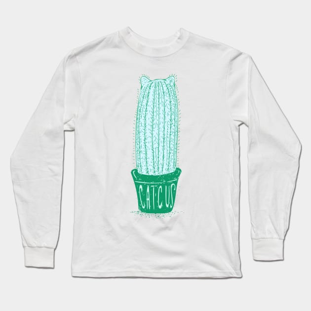 Mint Green Line Art - Catcus - Cat Cactus - Plant Lover Long Sleeve T-Shirt by AnanasArt